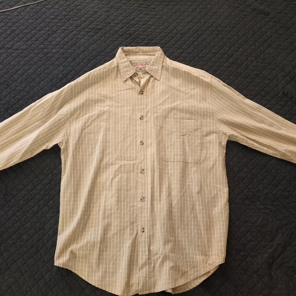 Vintage Coliseum Mens Button Up Shirt L Beige Plaid Long Sleeve Good Cond